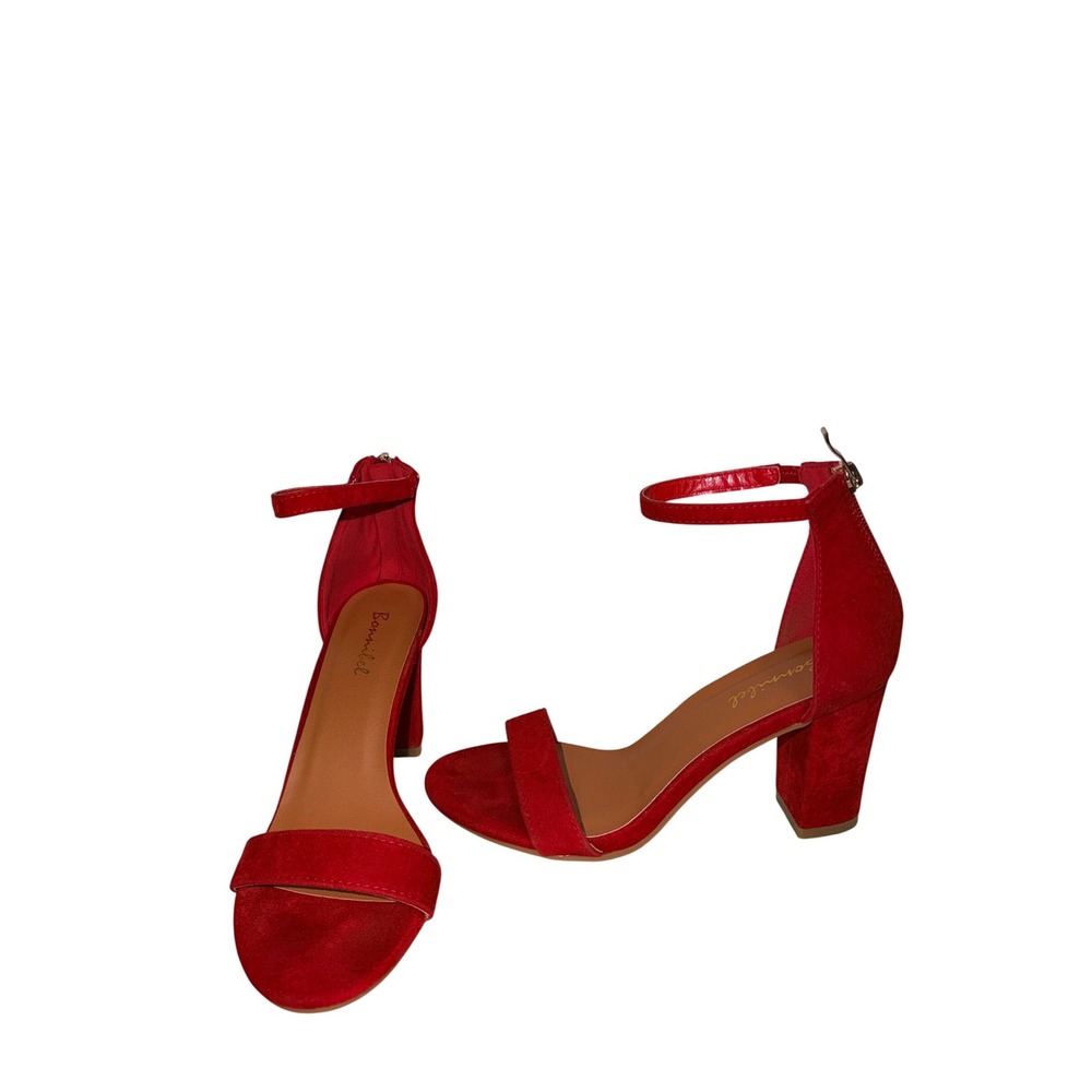 Bonnibel Womens Red Faux Suede Ankle Strap Block‎ Heel Sandals Size 7 Open Toe
